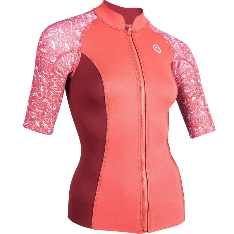 Top anti UV Manches courtes Femme néoprène 1 mm - Rose Fleurs