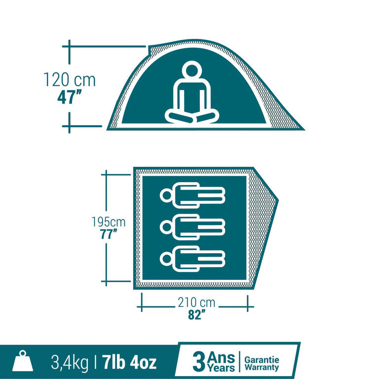 TENDA KEMAH QUECHUA MH100 3 ORANG - ABU-ABU