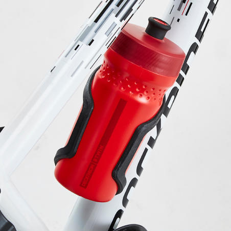 Frame-mounted bottle cage with side opening for a 380ml bottle.