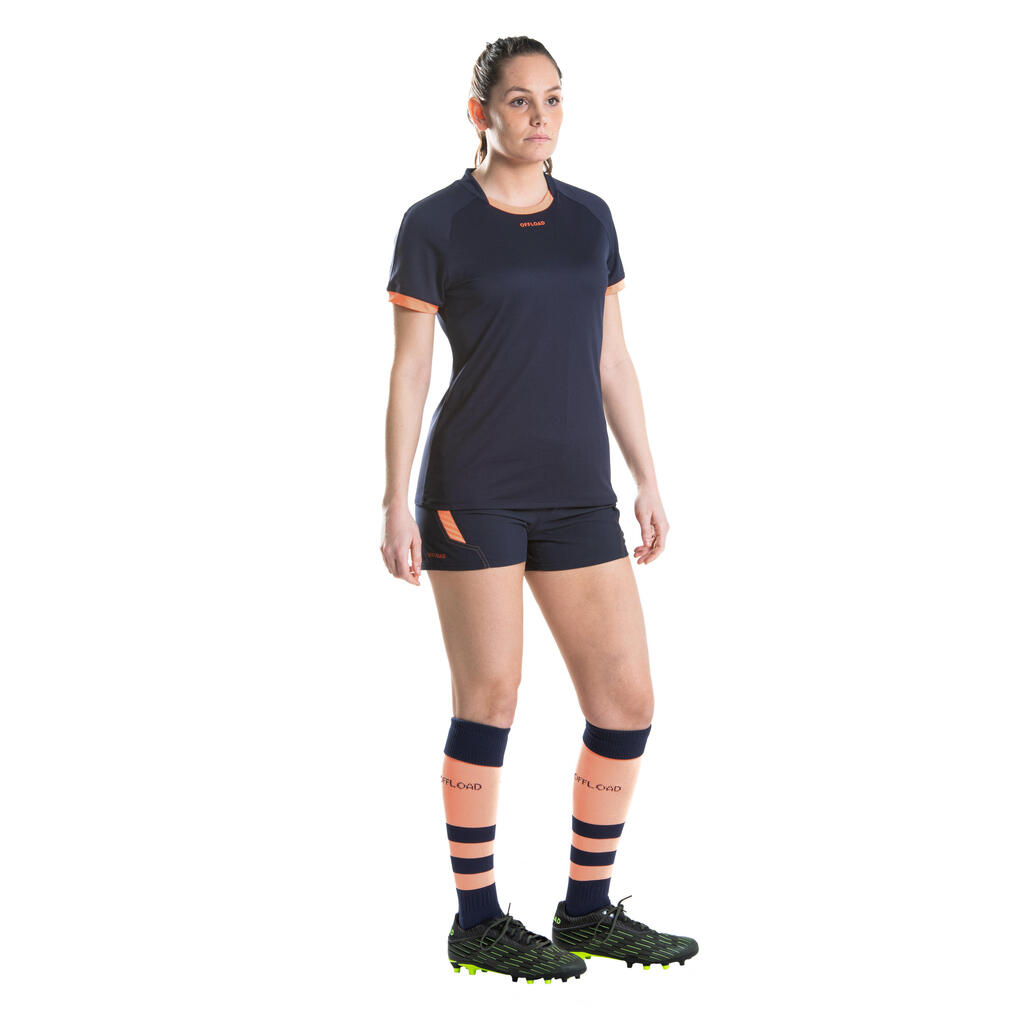 Women's Short-Sleeved Rugby Jersey R100 - Navy Blue/Coral