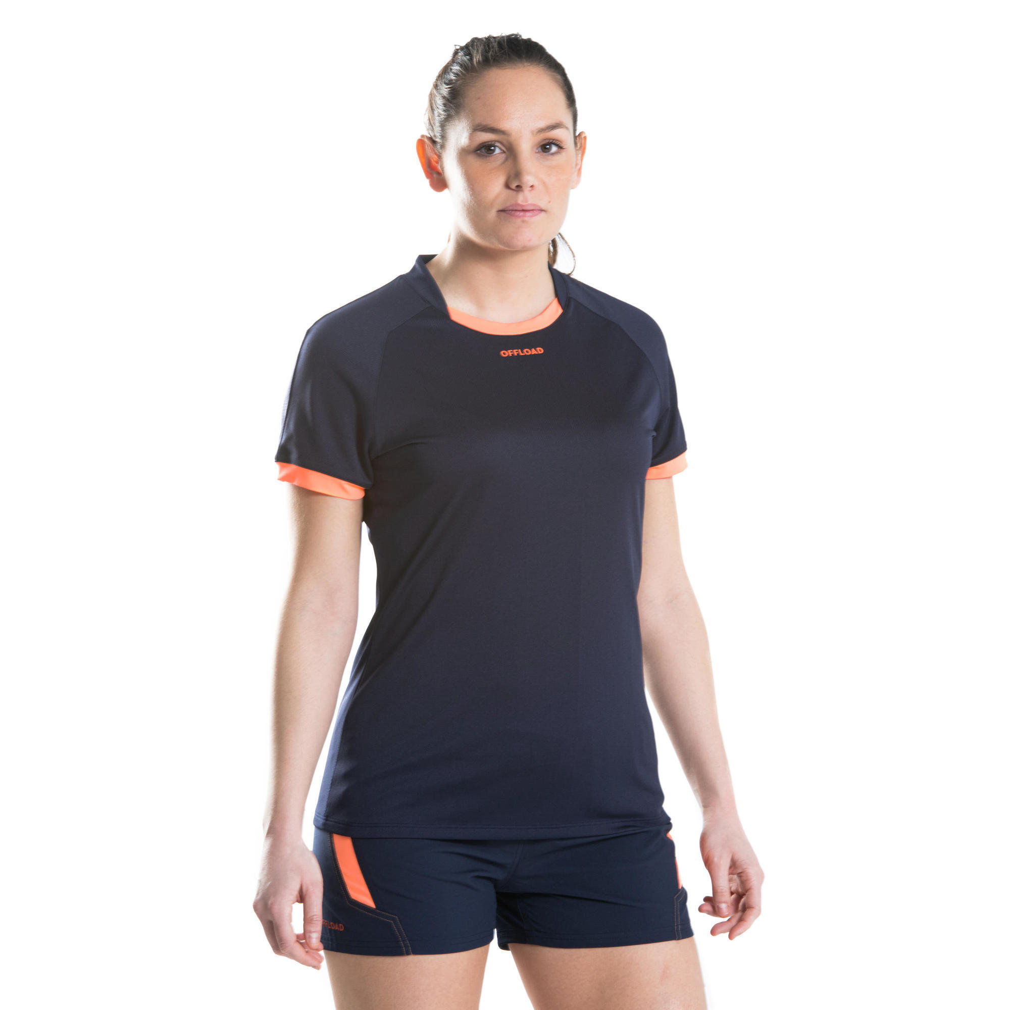 Maillot manches courtes de rugby Femme R100 bleu marine corail