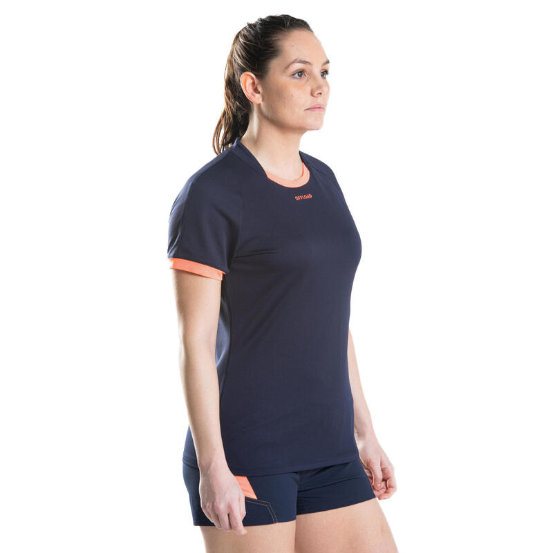 Rugbyshirt met korte mouwen voor dames R100 marineblauw/koraalrood