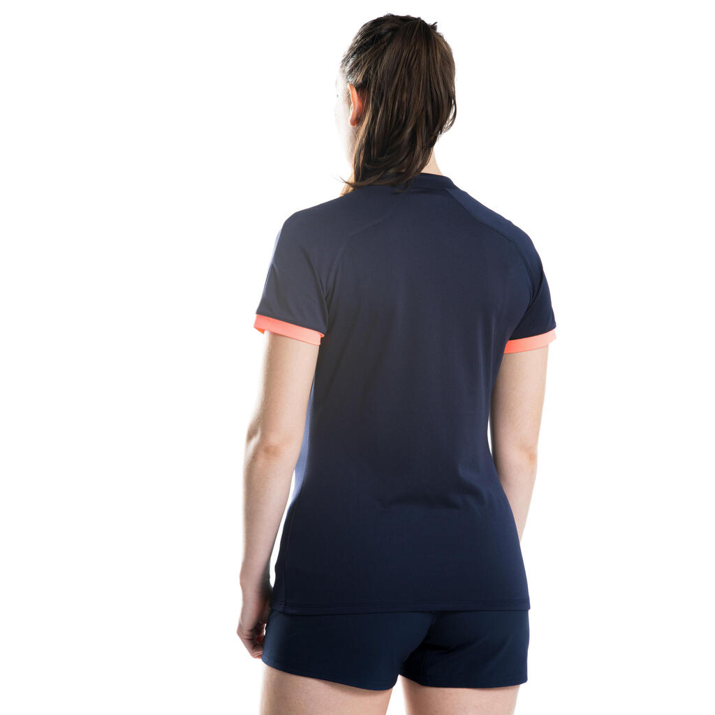 Women's Short-Sleeved Rugby Jersey R100 - Navy Blue/Coral