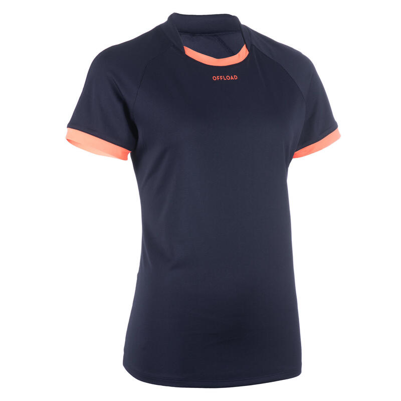 Rugbyshirt met korte mouwen voor dames R100 marineblauw/koraalrood