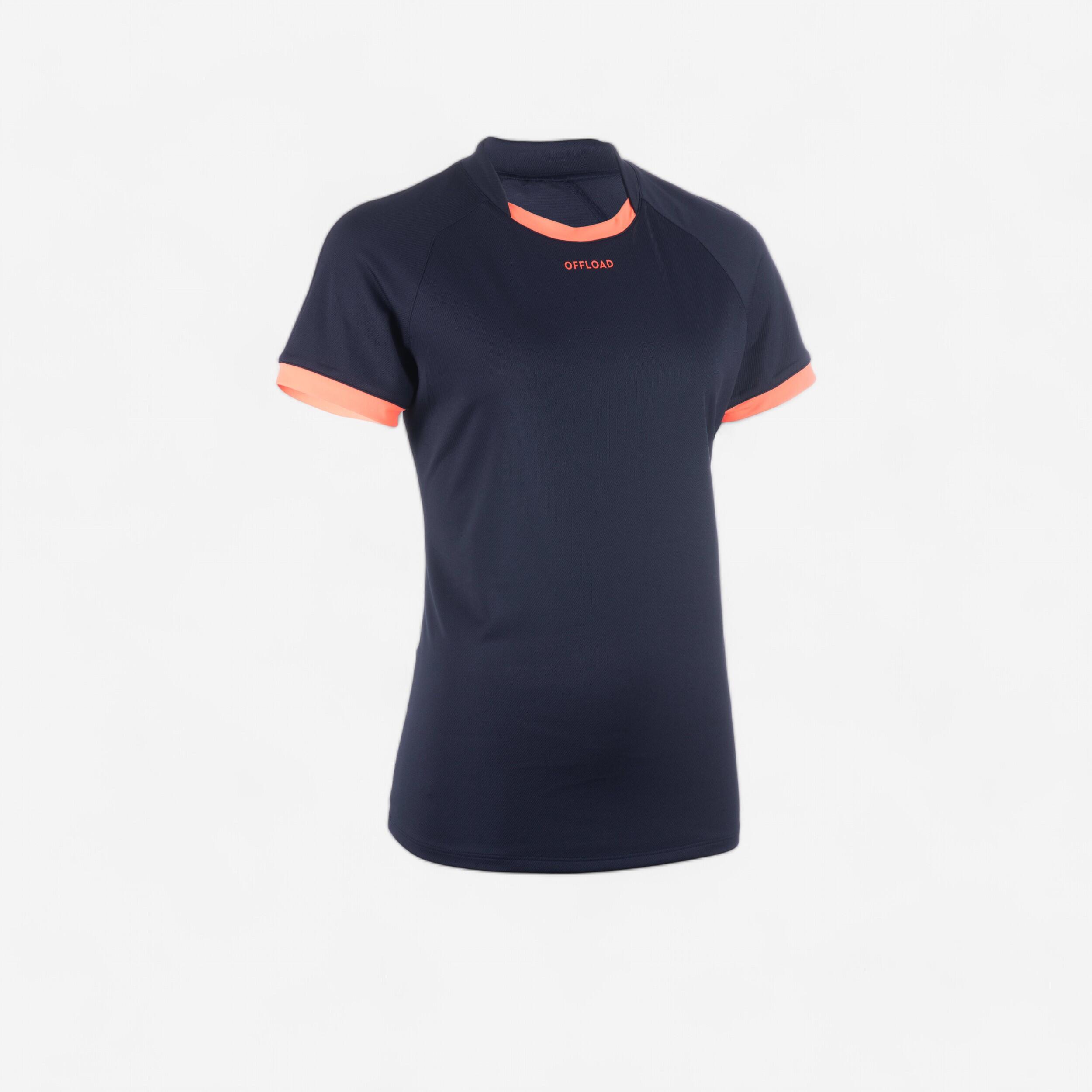 Women's Rugby Short-Sleeved Jersey R100 - Navy Blue/Orange/Coral