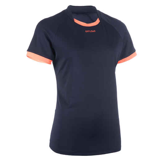 Women's Short-Sleeved Rugby Jersey R100 - Navy Blue/Coral