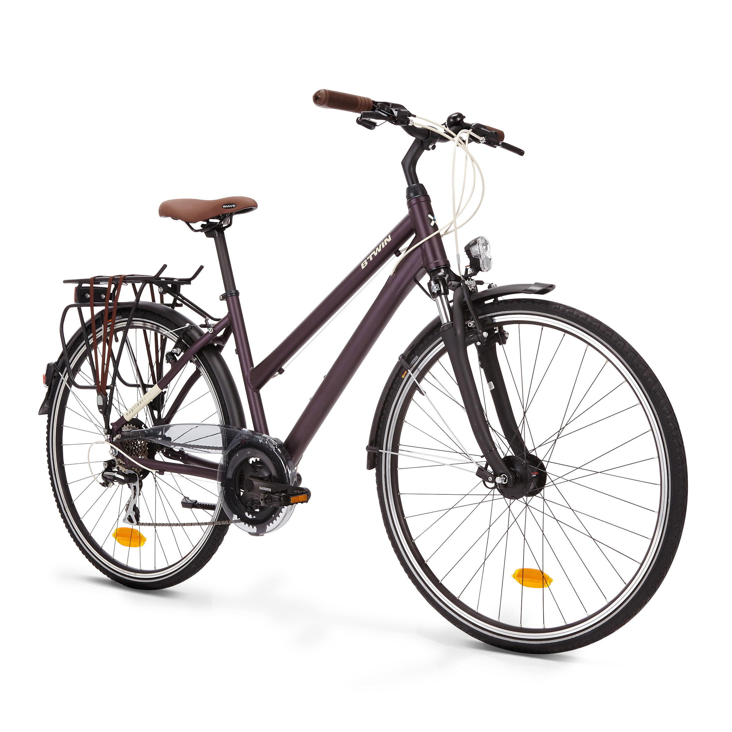 Sportieve stadsfiets dames Hoprider 500 laag frame paars ELOPS Decathlon