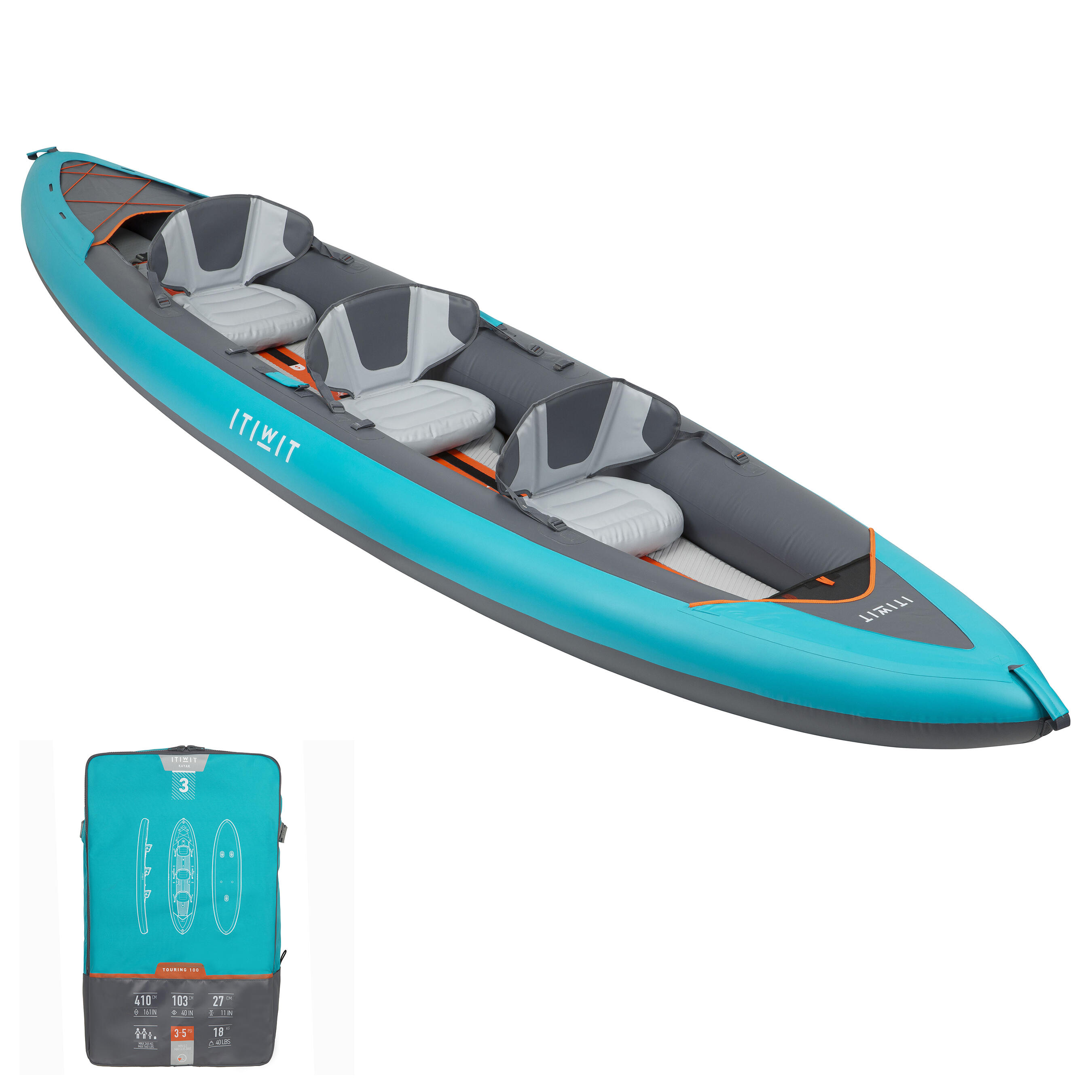 Kayak gonflable 3 places - X 100+ bleu/gris - ITIWIT