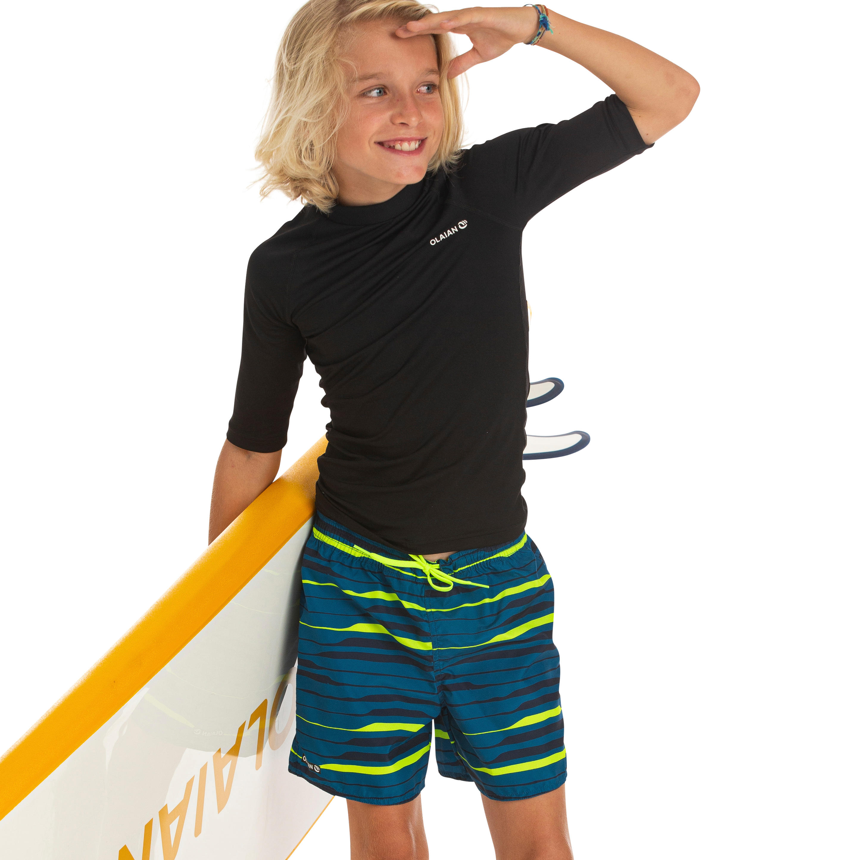 Tricou surf anti-UV 100 Negru Băieți