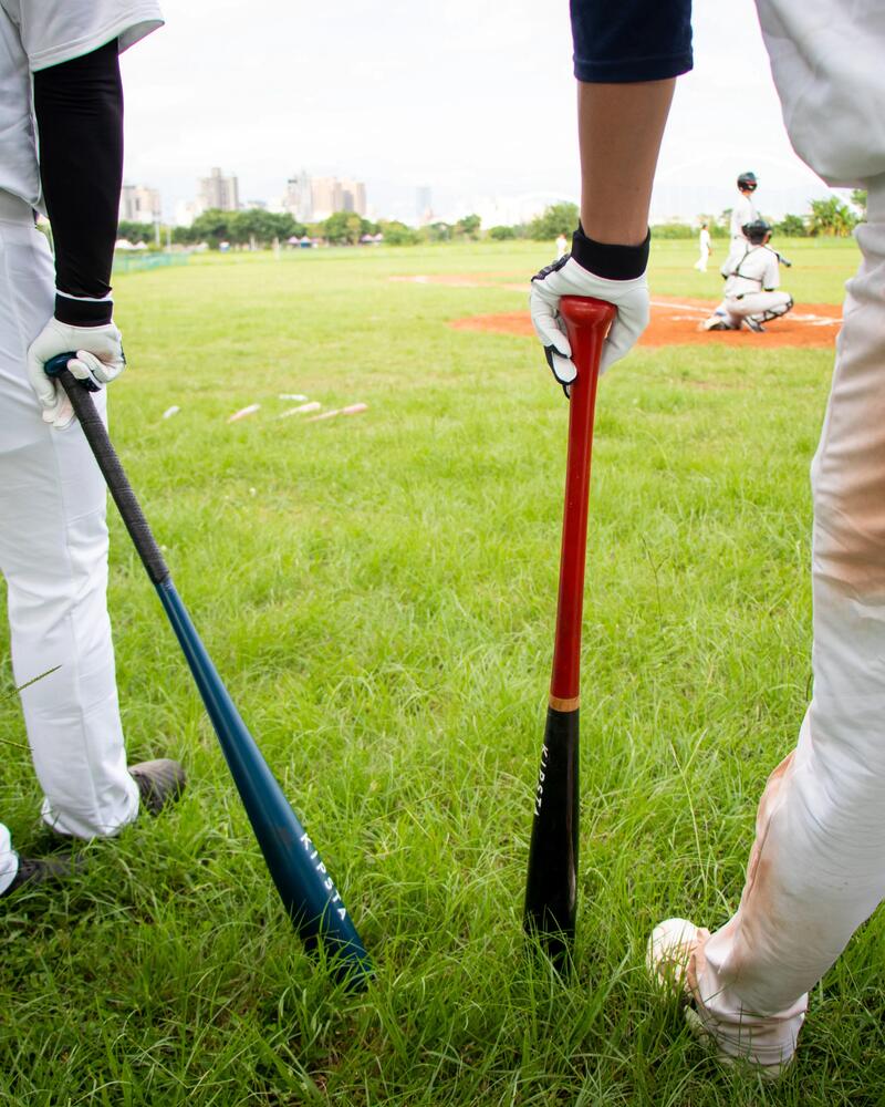 Zwei Baseballspieler stehen von hinten gesehen im hohen Gras am Spielfeldrand und stützen sich auf ihre Schläger, während sie das Spielgeschehen in der Ferne beobachten.