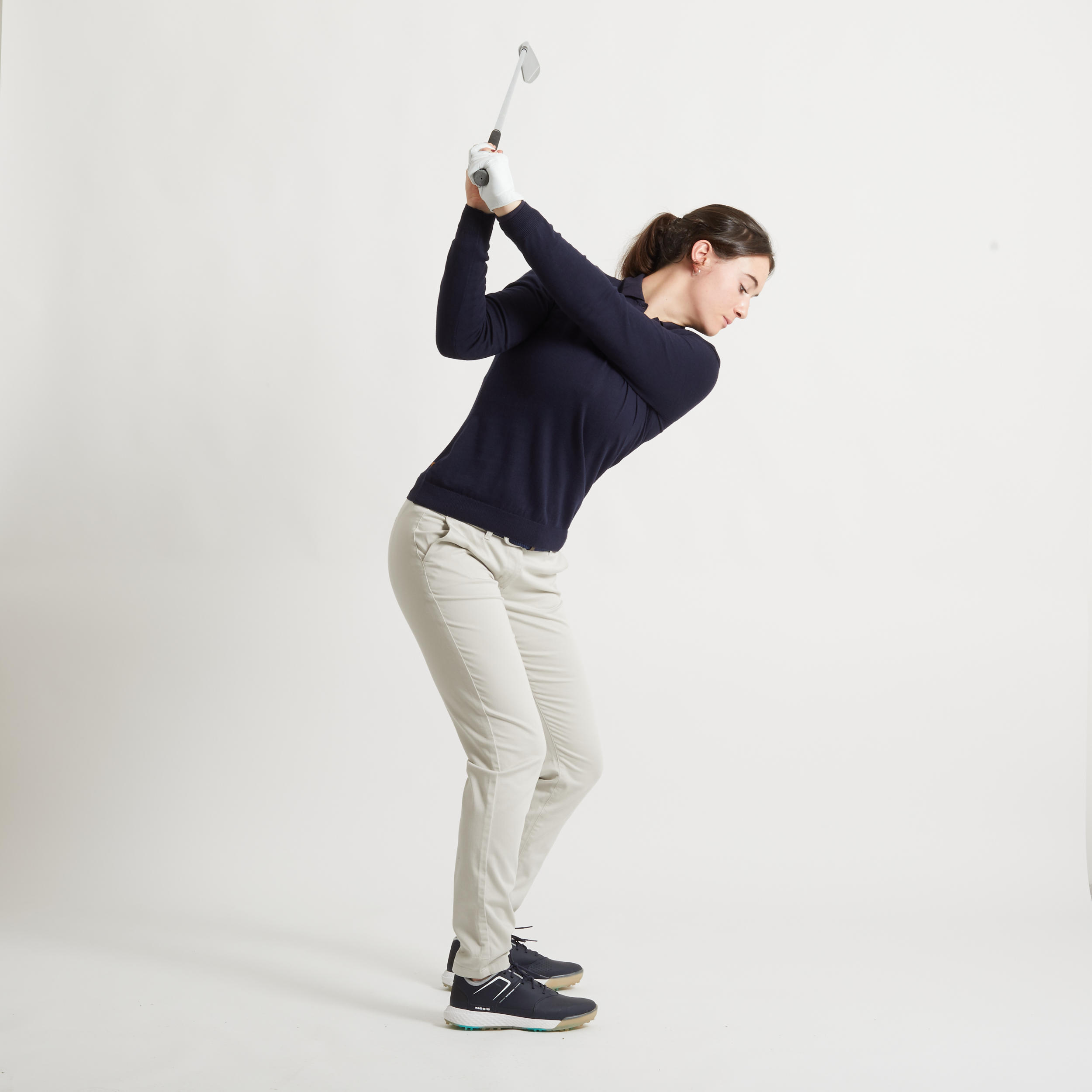 Suéter de golf con cuello V azul marino para mujer MW500 6/13