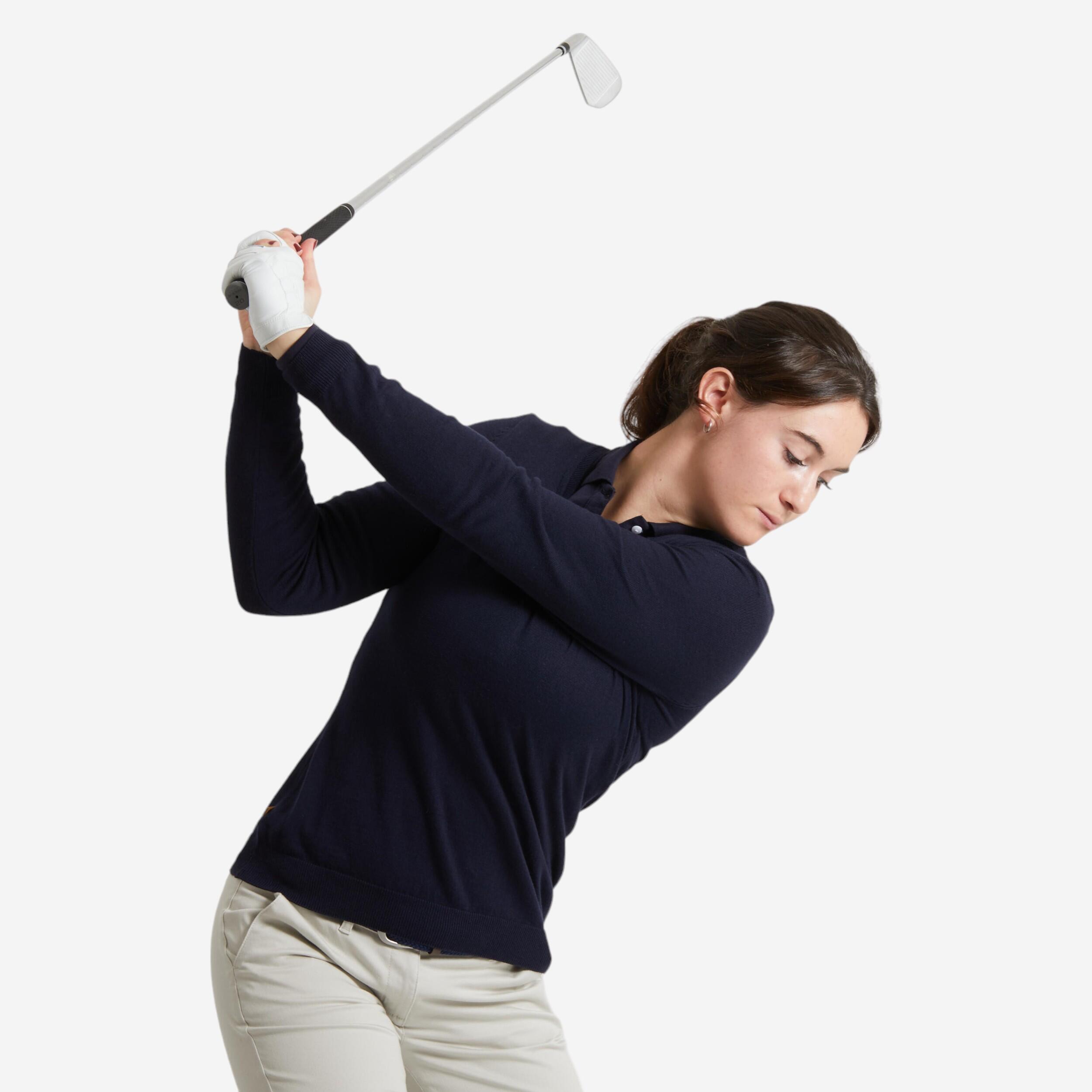 Suéter de golf con cuello V azul marino para mujer MW500 11/13
