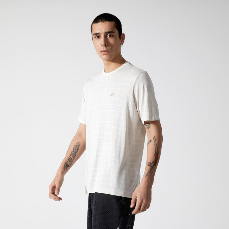 TEE SHIRT RUNNING COUPE LARGE HOMME RESPIRANT KALENJI DRY + FEEL BEIGE