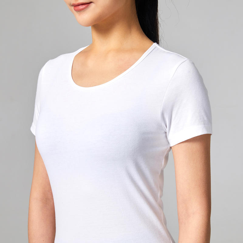 เสื้อยืดผู้หญิงทรงสปอร์ตทำจากผ้าฝ้าย 100% สำหรับพิลาทิสและกายบริหารทั่วไปรุ่น 100 (สีขาว)