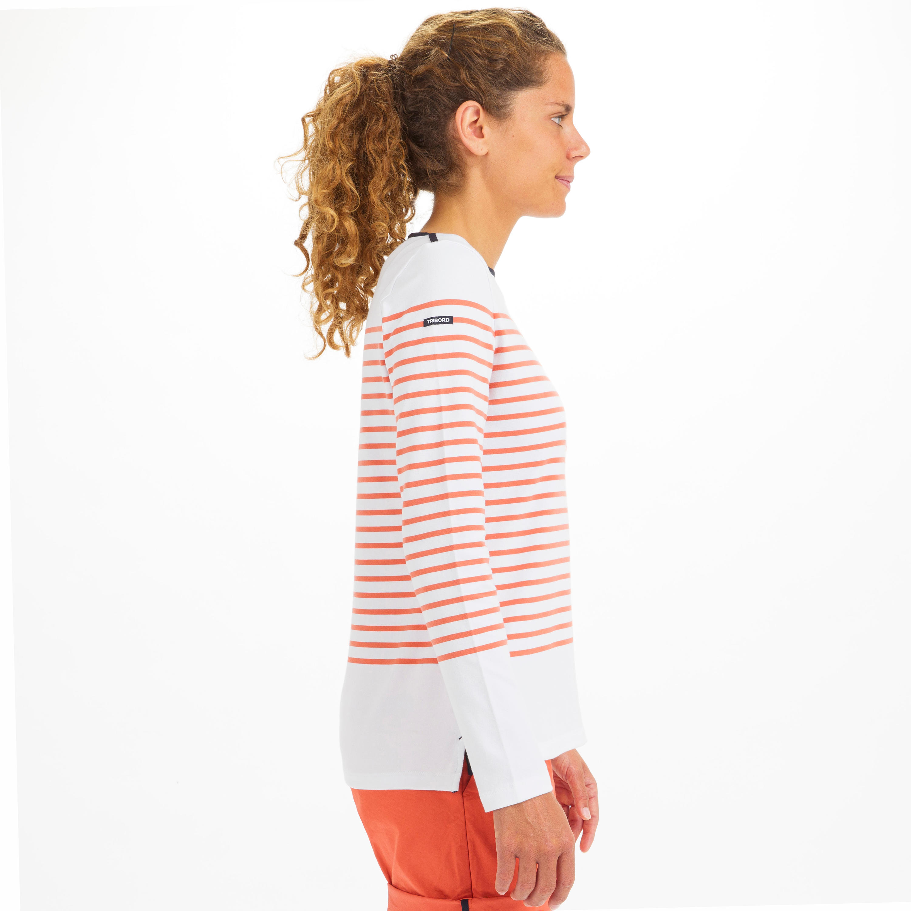 Women’s sailing 100 long-sleeved breton stripe t-shirt red 5/8