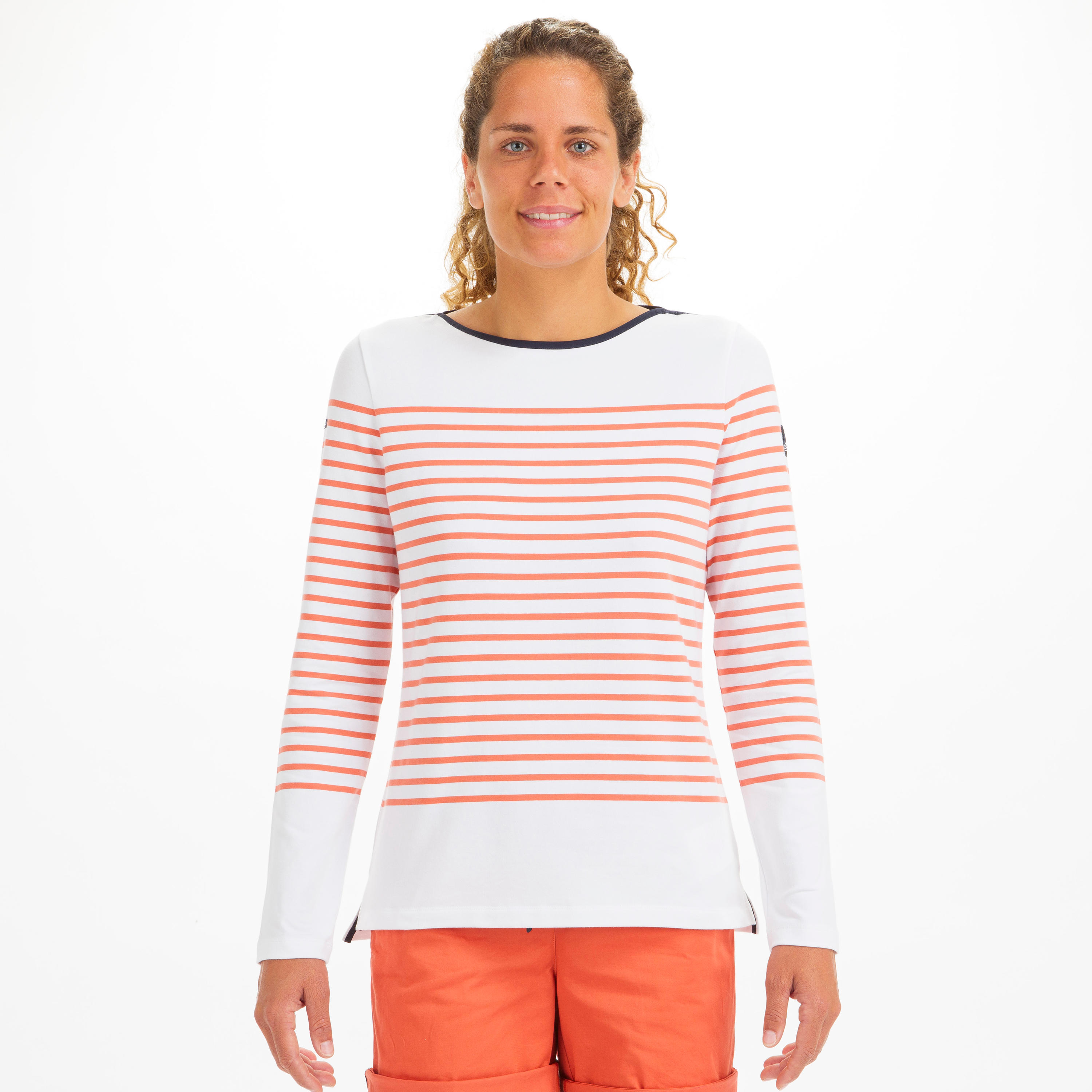 Women’s sailing 100 long-sleeved breton stripe t-shirt red 3/8