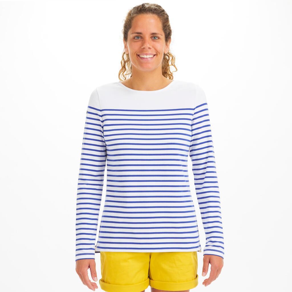 Segelshirt langarm Damen 100 weiss/beige