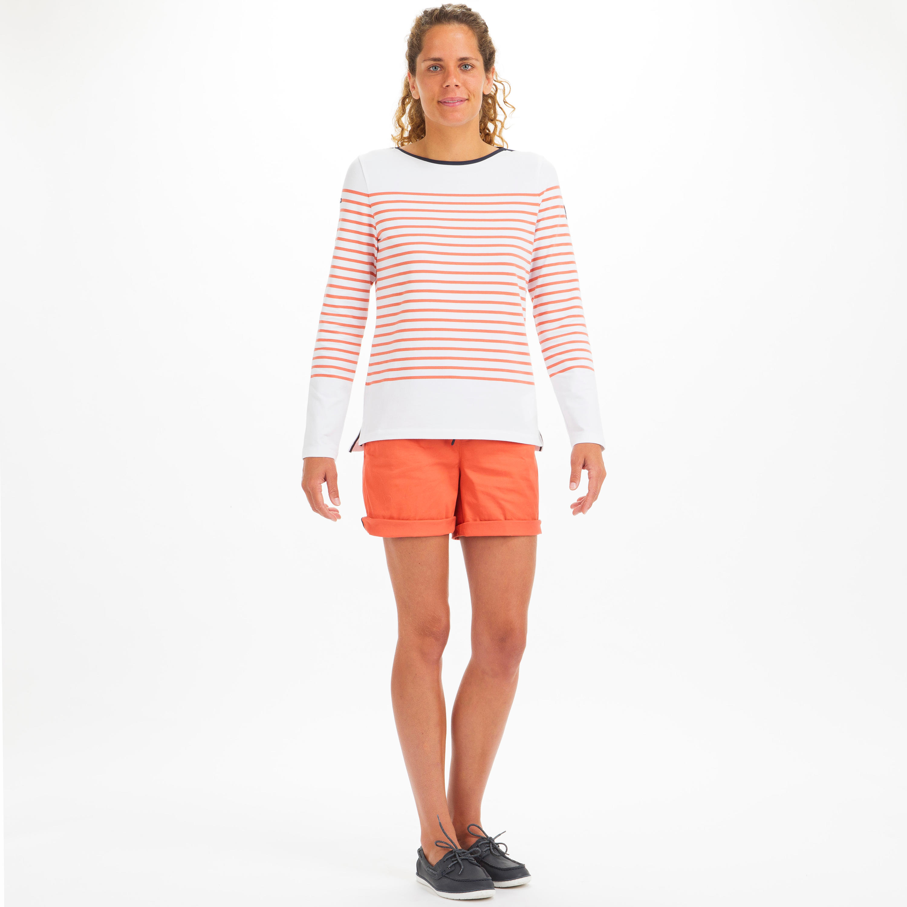 Women’s sailing 100 long-sleeved breton stripe t-shirt red 2/8