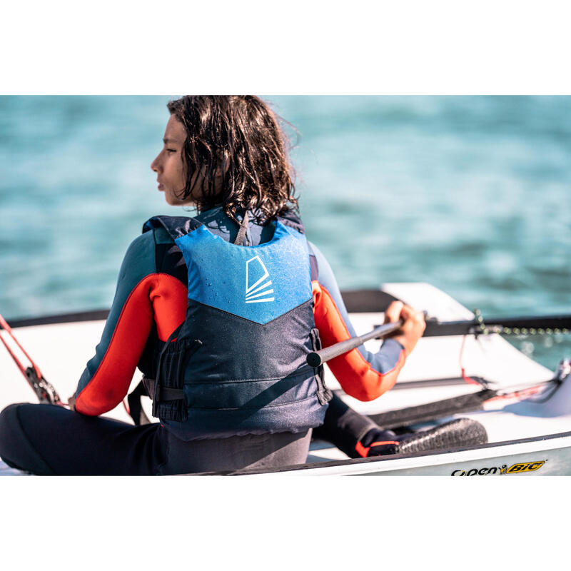 Wetsuit voor zeilen kinderen genaaid/gelijmd neopreen 3/2 mm 500 blauw/oranje