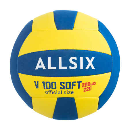 Ballon de volley-ball V100 SOFT 200-220g jaune et bleu pour les 6-9 ans