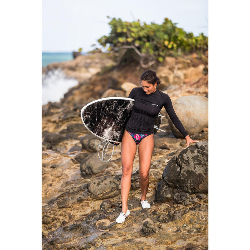 Női póló szörfözéshez 100-as, UV-szűrős, hosszú ujjú, fekete