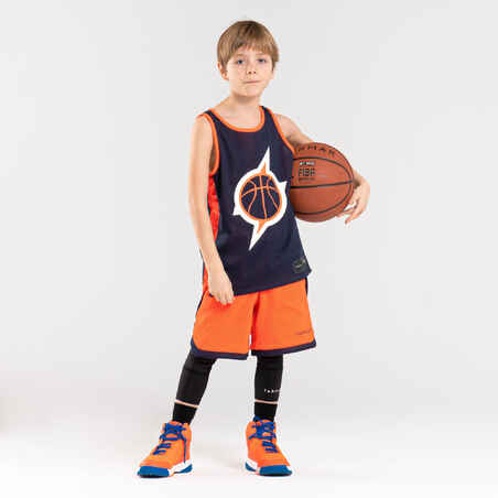 Basketballshorts wendbar SH500R Kinder Fortgeschrittene dunkelblau/orange
