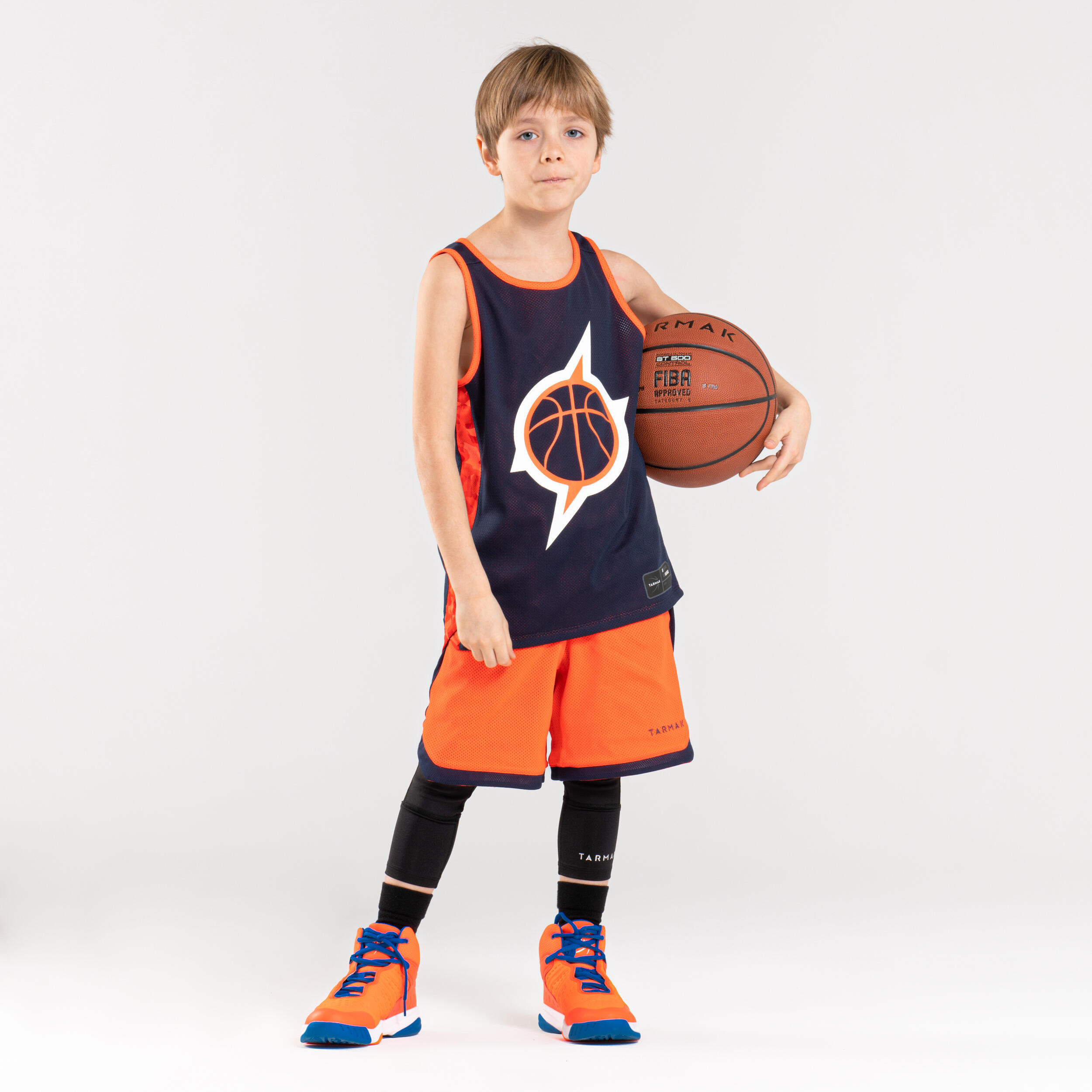 Boys'/Girls' Intermediate Reversible Basketball Shorts SH500R - Navy/Orange 5/7