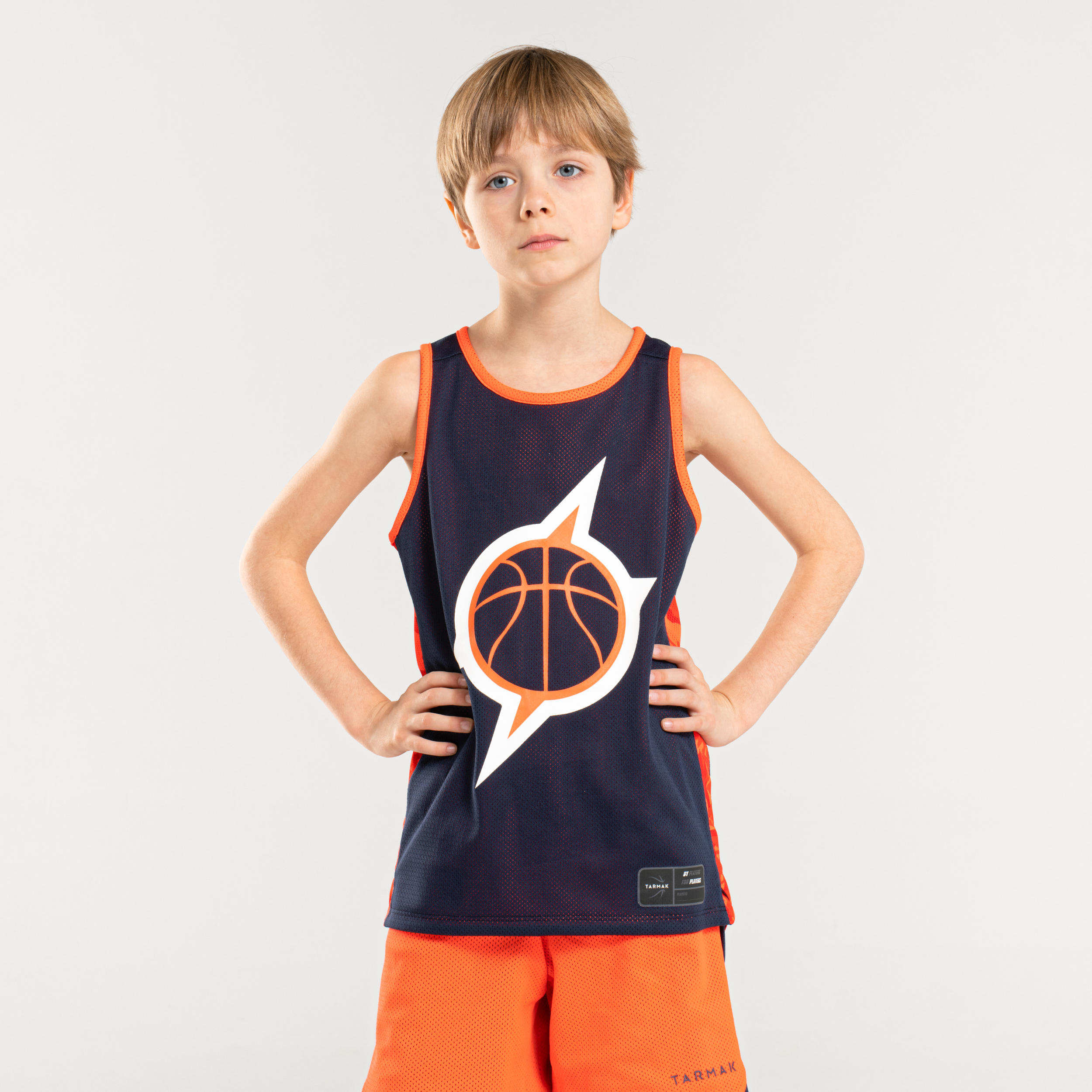 Kids' Intermediate Reversible Sleeveless Basketball Jersey T500R - Navy/Orange 2/7