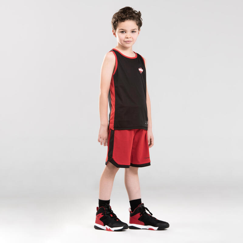 MAILLOT SANS MANCHE DE BASKETBALL REVERSIBLE GARCON/FILLE NOIR ROUGE DUNKE T500R