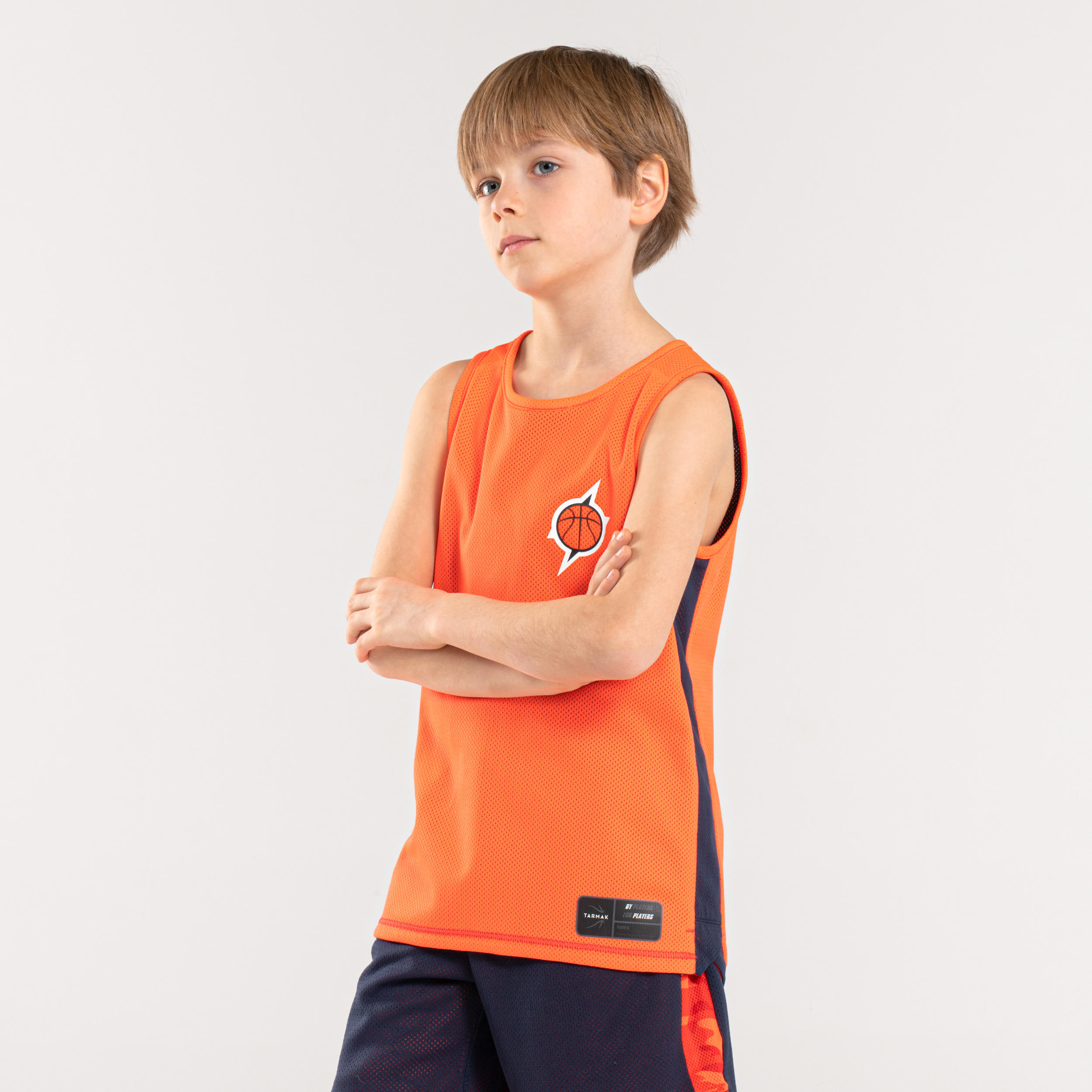 Kids' Intermediate Reversible Sleeveless Basketball Jersey T500R - Navy/Orange 3/7