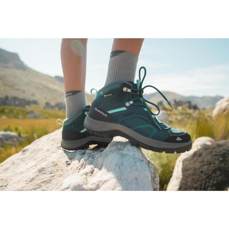 Chaussures imperméables de randonnée montagne - MH100 Mid Turquoise - Femme