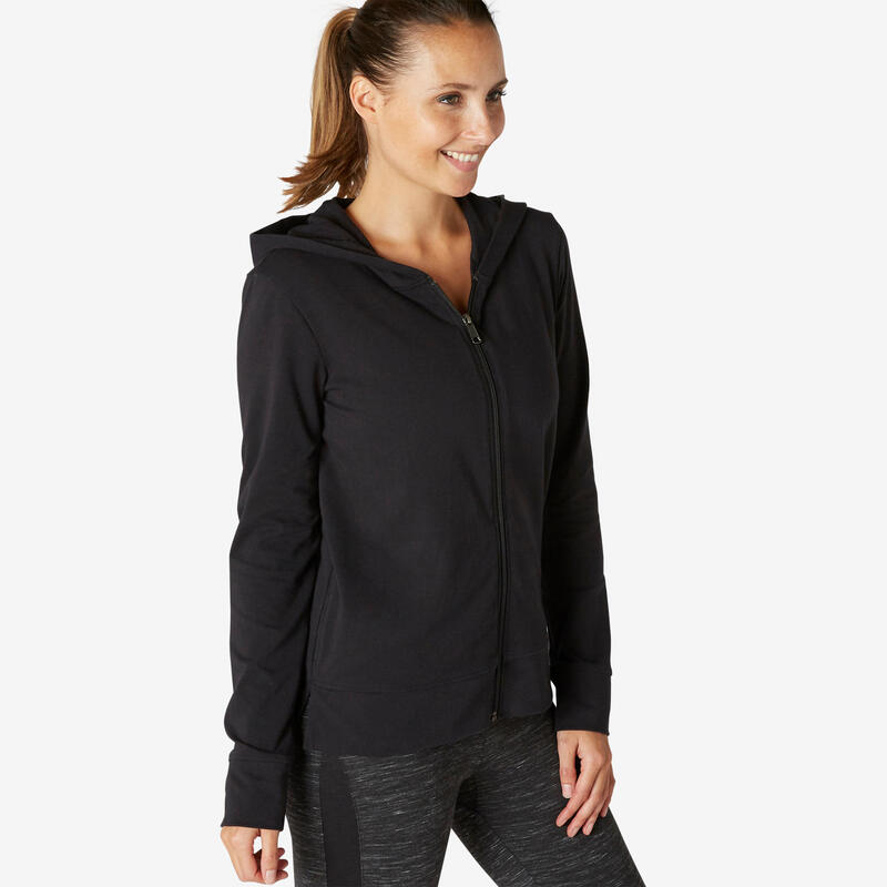 Women's Straight-Cut Crew Neck Zipped Sweatshirt with Pocket 500 - Black