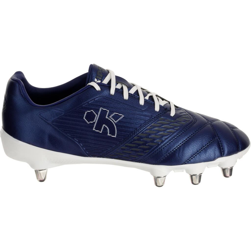 Chaussure rugby 8 crampons adulte terrains gras Density 300 SG bleu et blanc