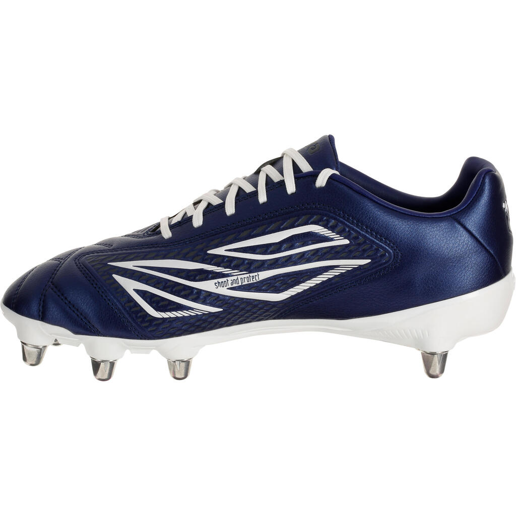 Chaussure rugby 8 crampons adulte terrains gras Density 300 SG bleu et blanc