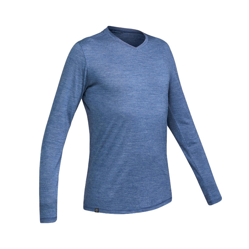T-shirt laine mérinos de trek voyage - TRAVEL 100 manches longues bleu homme