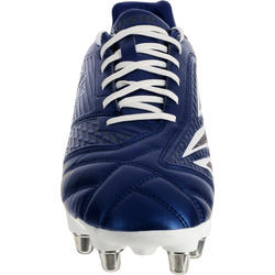 Chaussure rugby 8 crampons adulte terrains gras Density 300 SG bleu et blanc