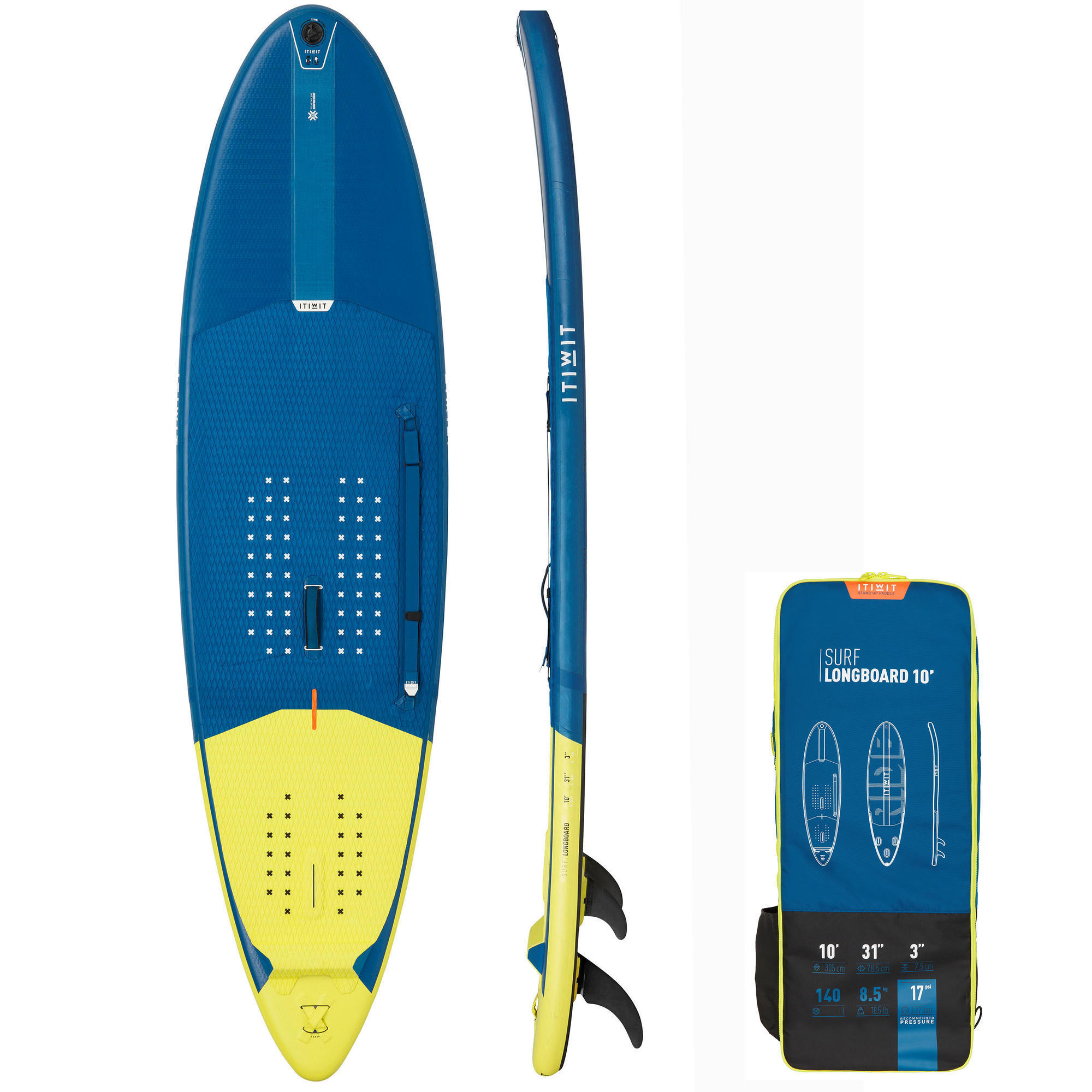 ITIWIT SUP-Board aufblasbar Stand Up Paddle Surfen Longboard 500/10' 140 L blau EINHEITSGRÖSSE