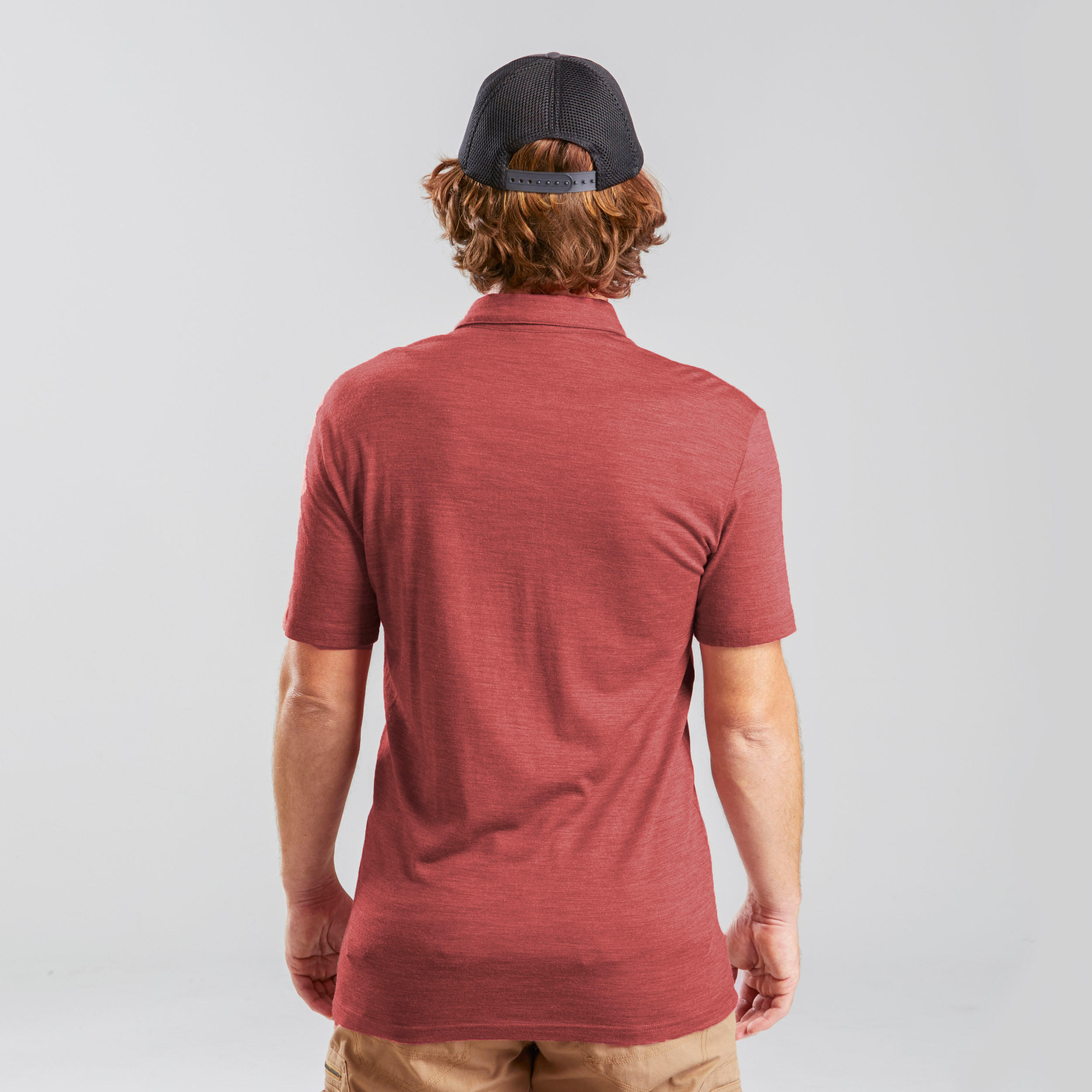 Men's Merino wool trekking travel polo shirt - TRAVEL 500 - red 10/11