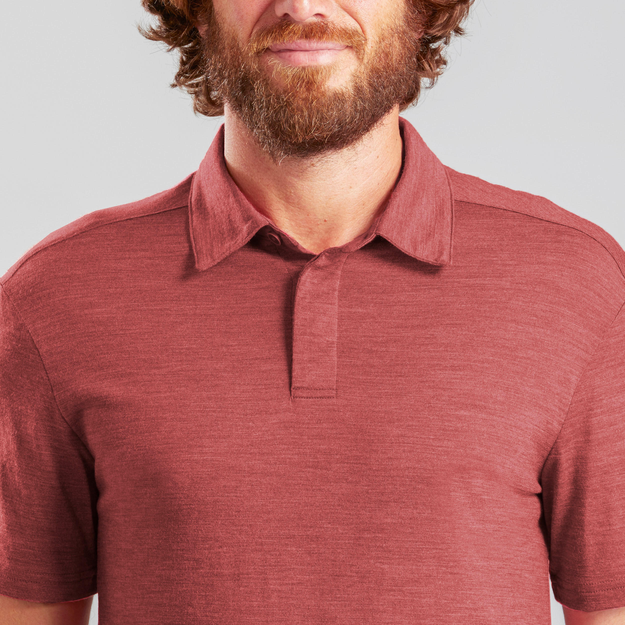 Men's Merino wool trekking travel polo shirt - TRAVEL 500 - red 9/11