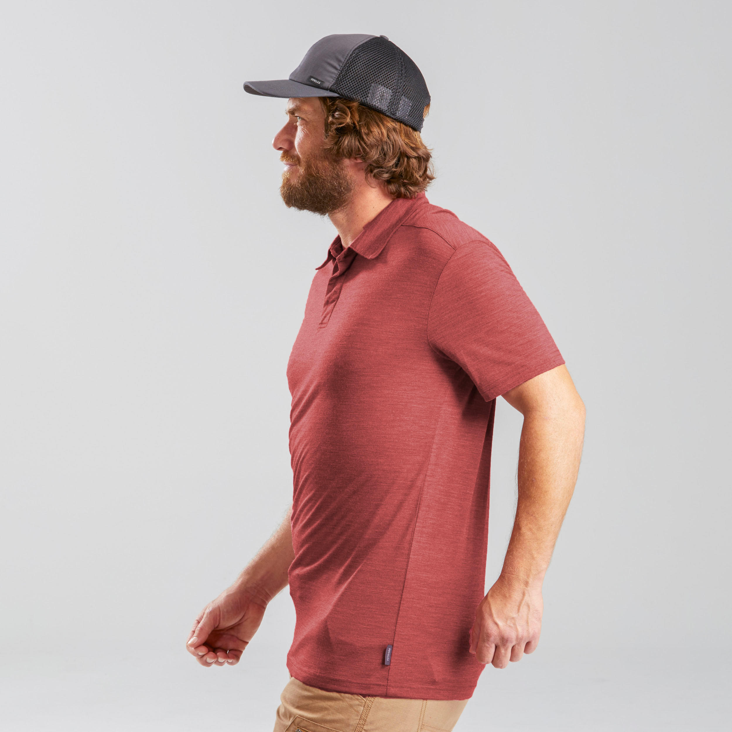 Men's Merino wool trekking travel polo shirt - TRAVEL 500 - red 8/11