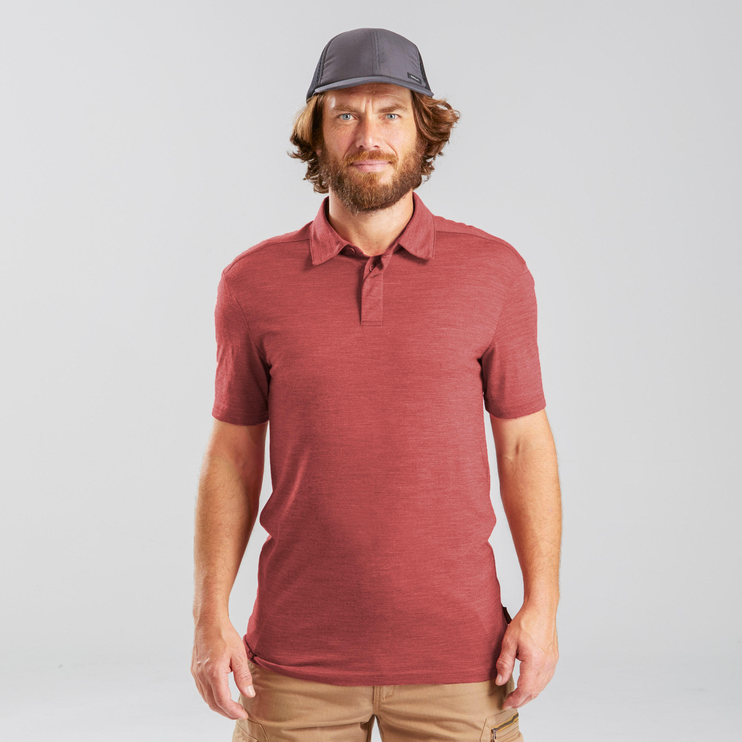 Men's Merino wool trekking travel polo shirt - TRAVEL 500 - red 5/11
