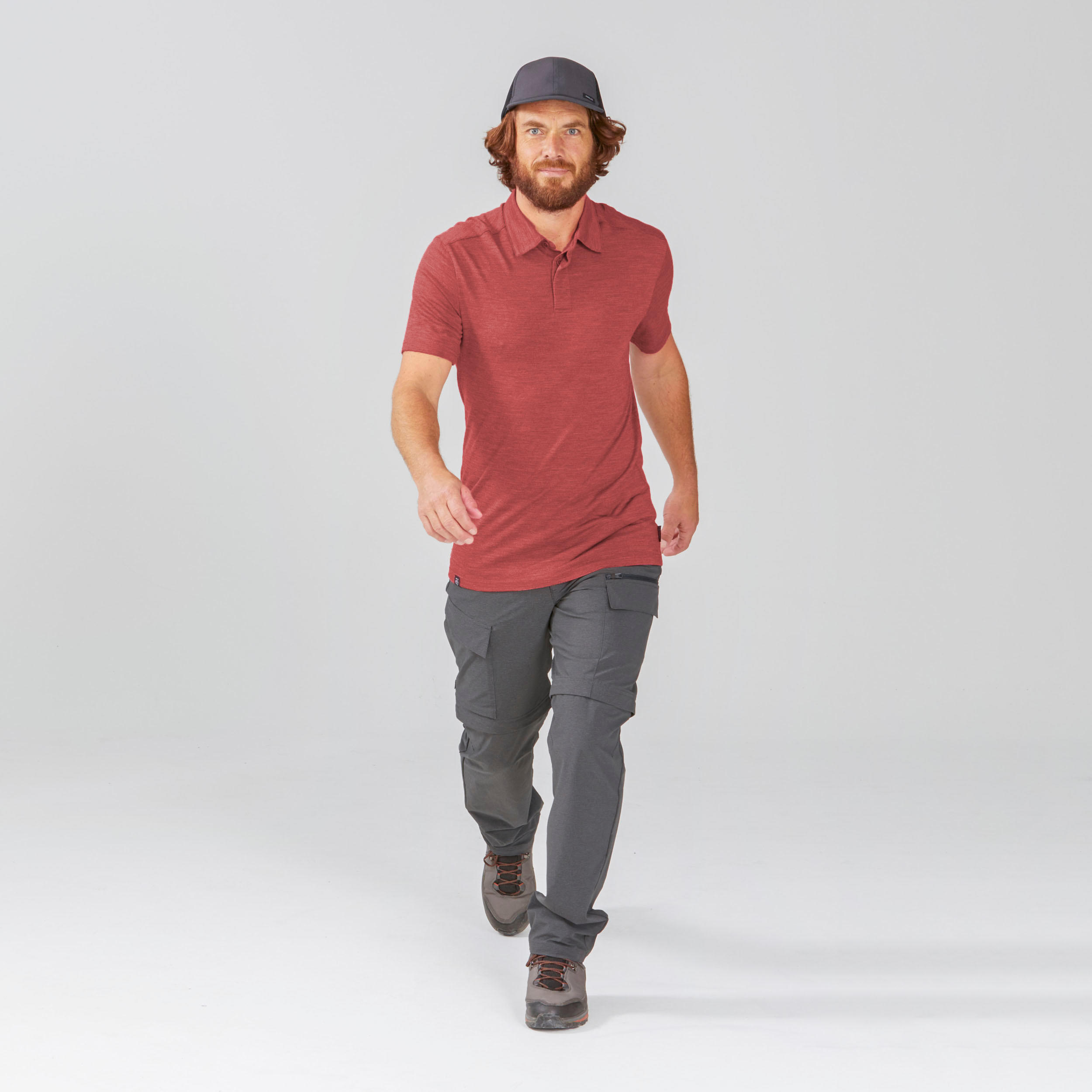 Men's Merino wool trekking travel polo shirt - TRAVEL 500 - red 2/11