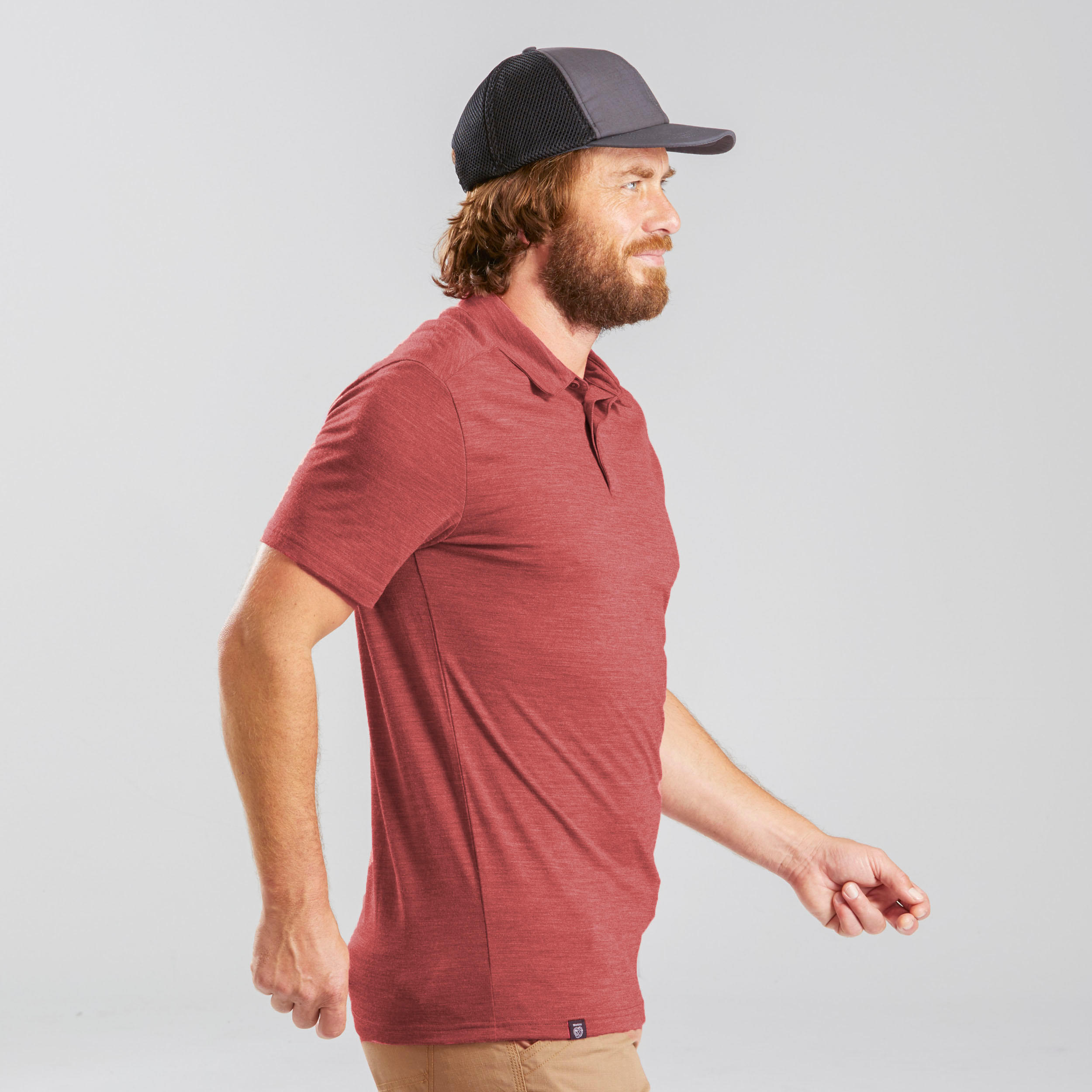 Men's Merino wool trekking travel polo shirt - TRAVEL 500 - red 1/11