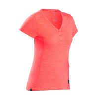 Women's Travel Trekking Merino Wool Short-Sleeved T-Shirt Travel 500 - coral