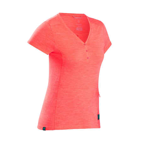 Women's Travel Trekking Merino Wool Short-Sleeved T-Shirt Travel 500 - coral