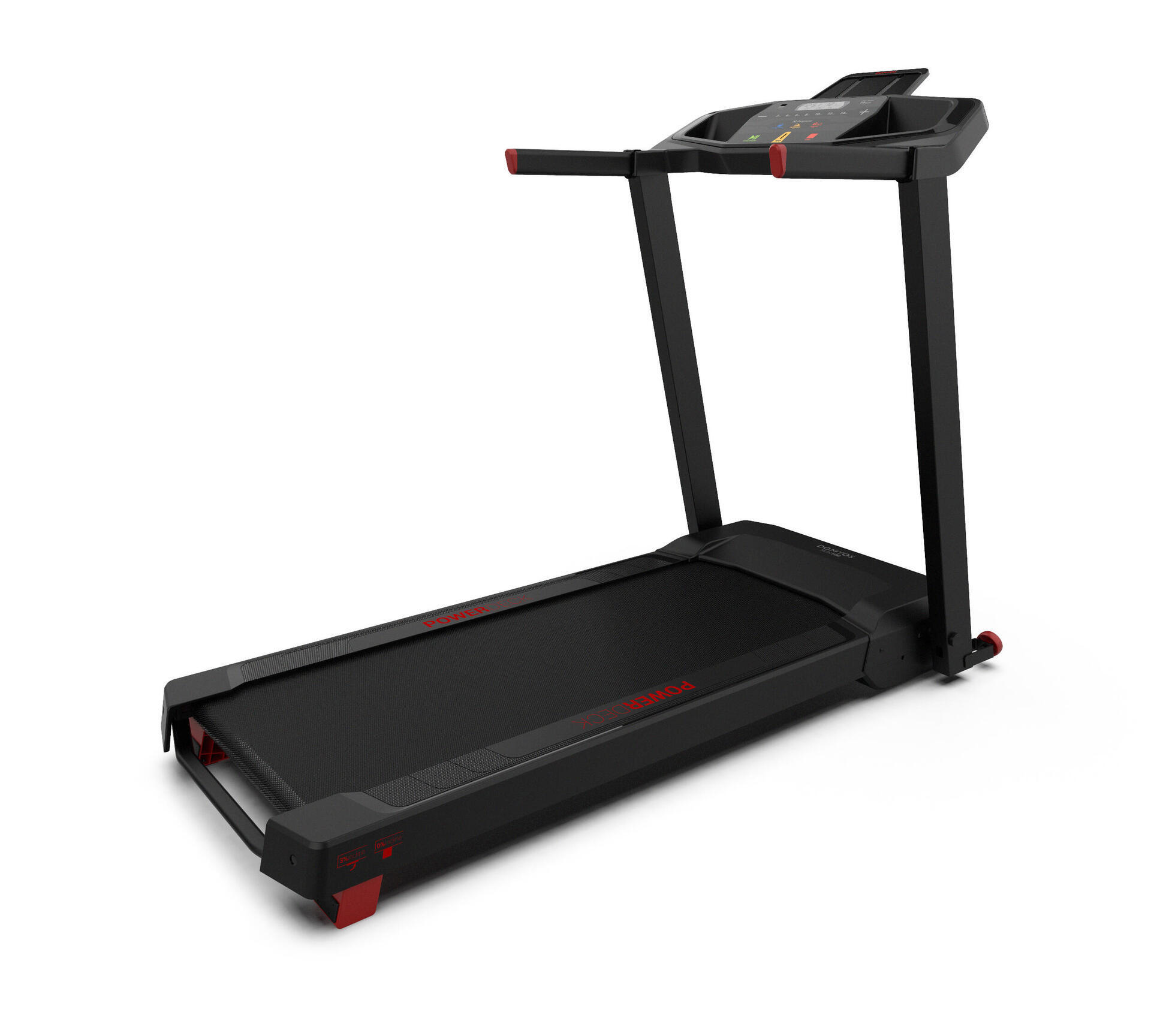 High performance treadmill with compact design and wide running surface
