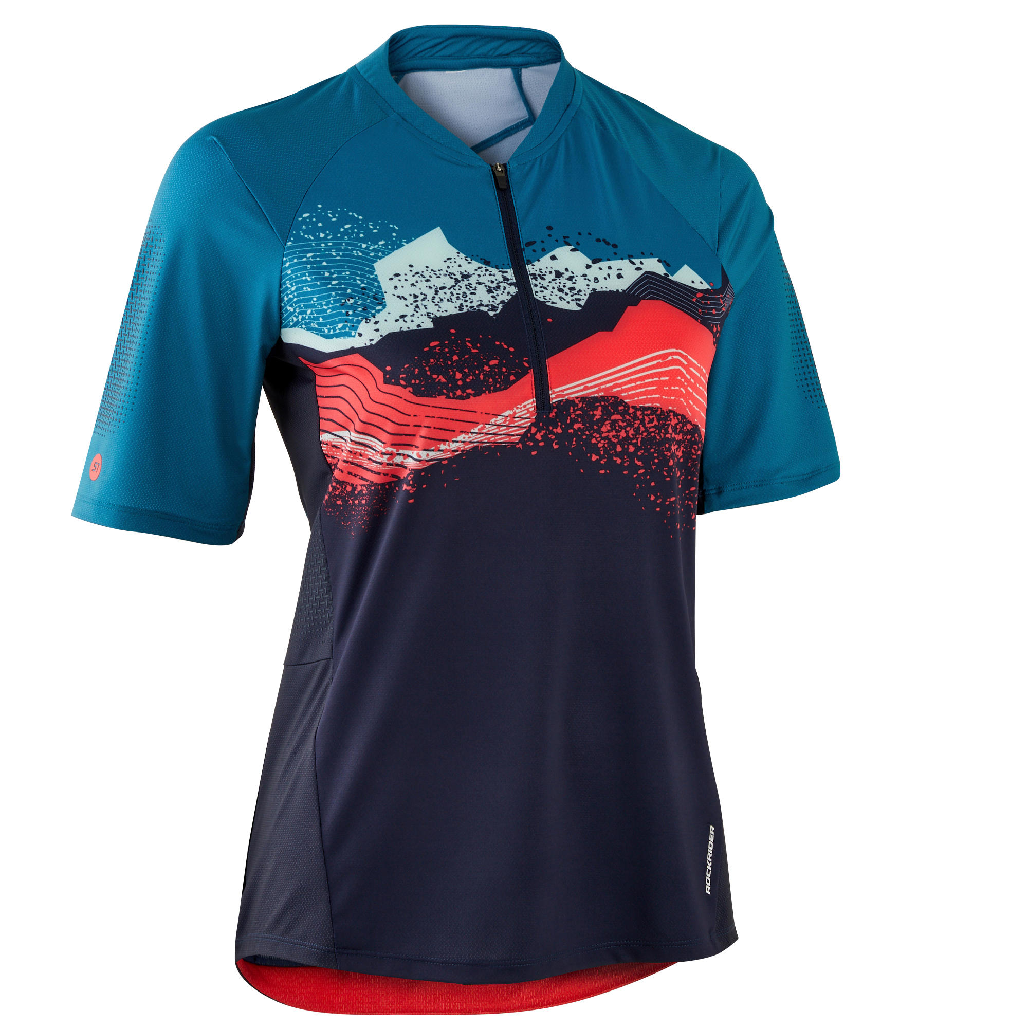 ROCKRIDER Women's Short-Sleeved Mountain Bike Jersey ST 500 - Turquoise/Navy