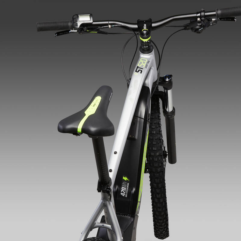 Bicicleta MTB eléctrica y semirrígida gris con amarillo ácido de 27.5  E-ST520 - Decathlon
