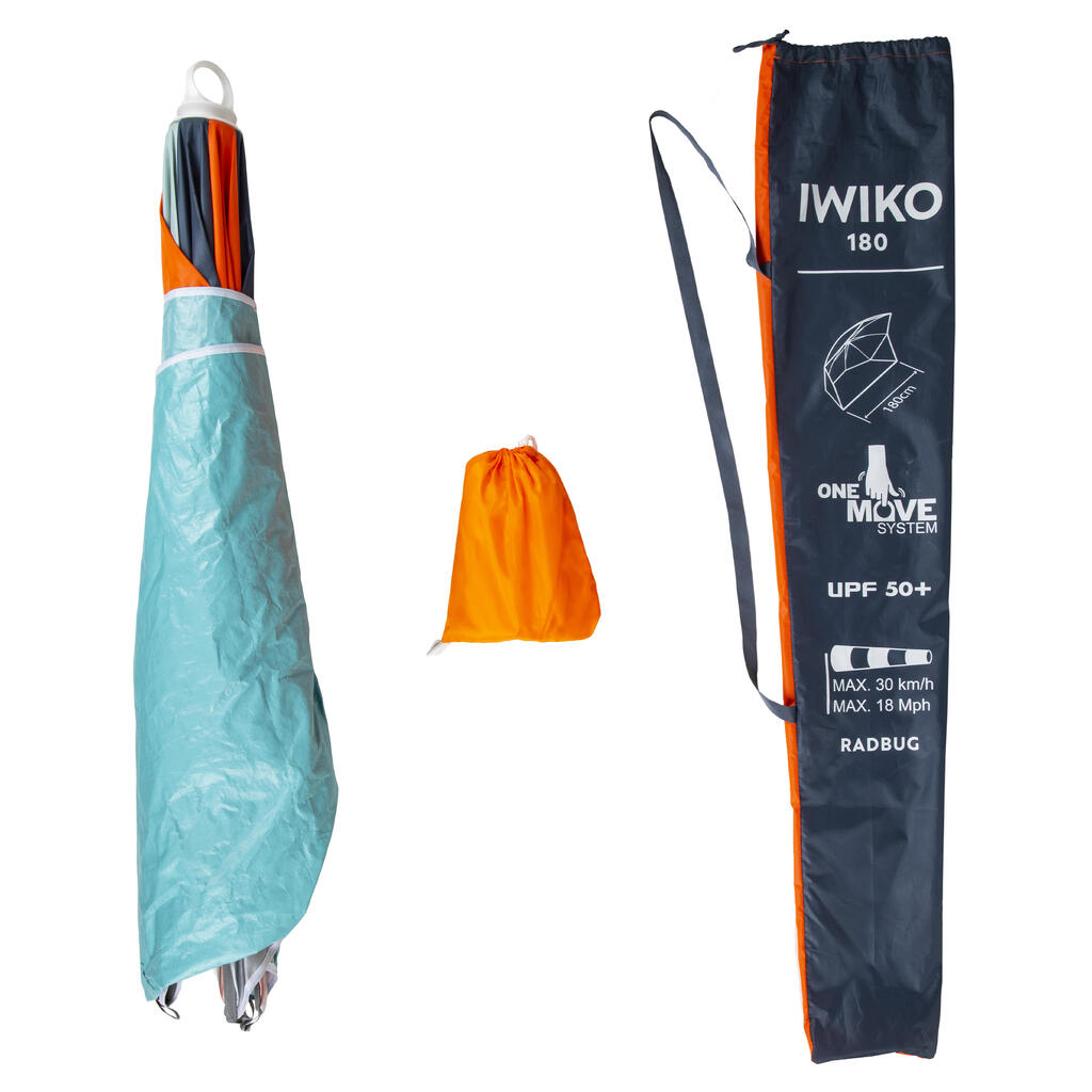 Parasol Abri plage solaire Iwiko 180 menthe gris orange UPF 50+ 3 places