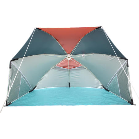 Parasol Abri plage solaire Iwiko 180 menthe gris orange UPF 50+ 3 places